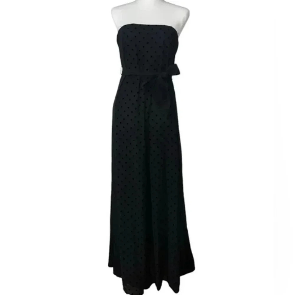 4Sienna Black Stapless Jumpsuit Corset Small Chiffon Velvet Dot Wide Leg
